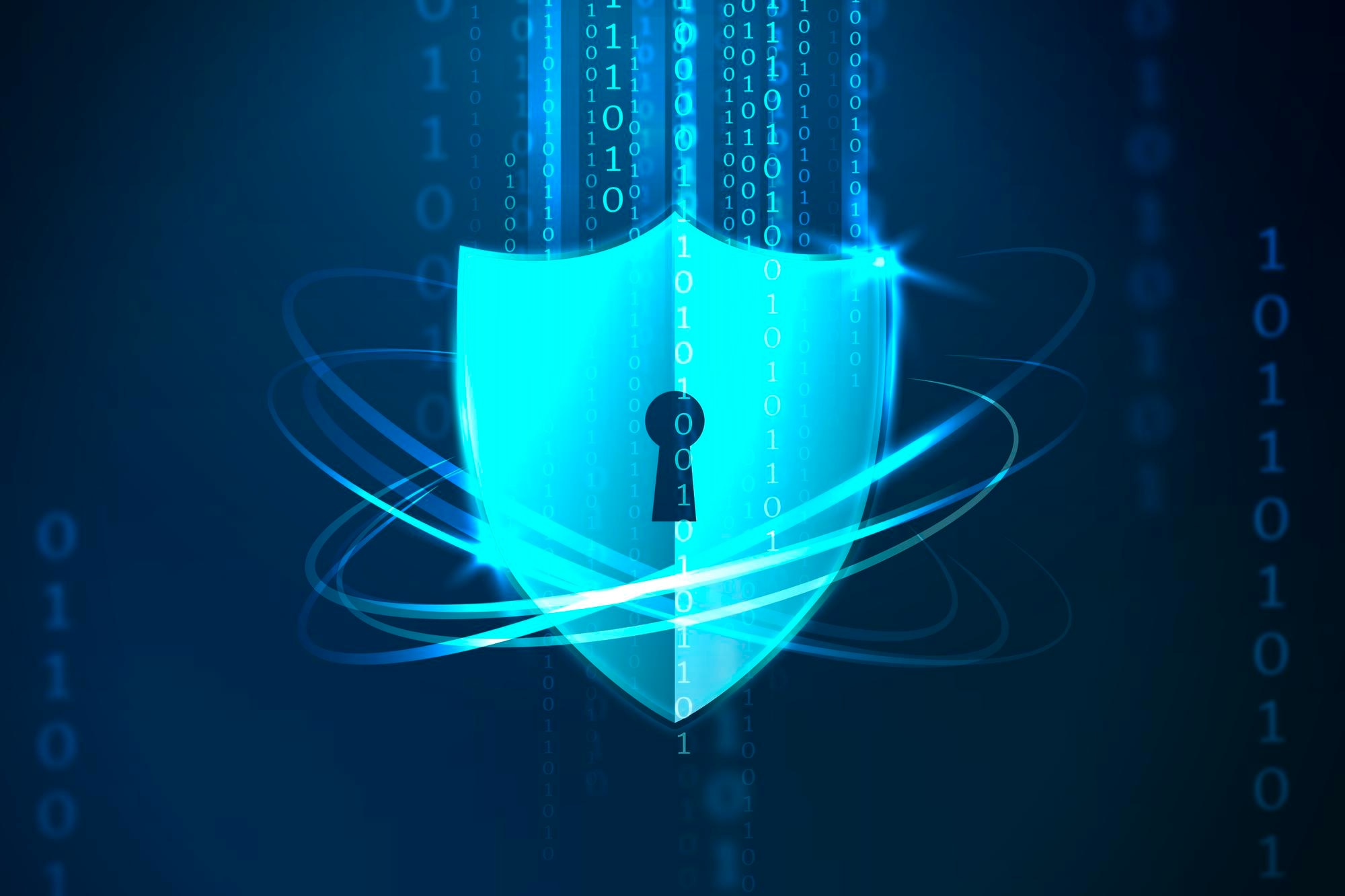 Escudo azul digital com cadeado, simbolizando proteção cibernética